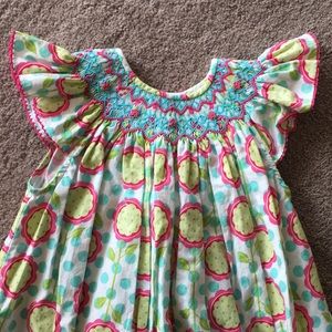 Little Threads Turquoise/Pink/Yellow Smocked Dress